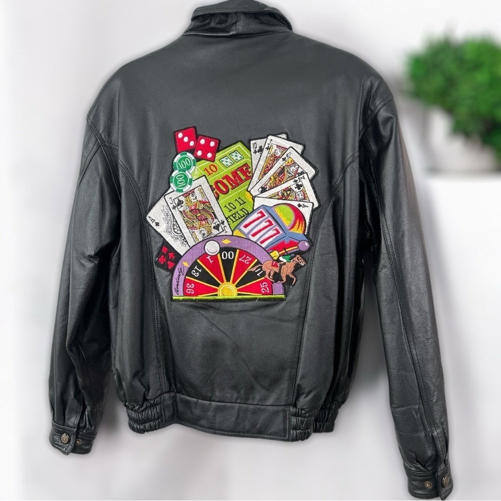 Monte Carlo Vegas Vintage 90s High Roller Black Leather Bomber Jacket Size M